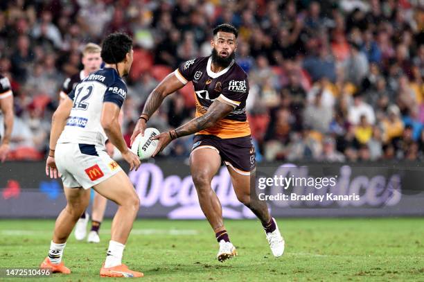 Payne Haas of the Broncos runs with the ball during the round 2 NRL match between the Brisbane Broncos and the North Queensland Cowboys at Suncorp...