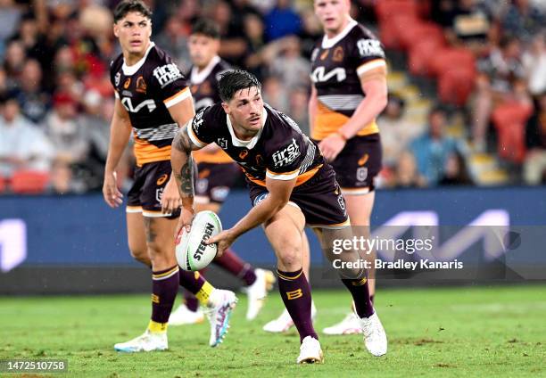 Cory Paix of the Broncos looks to pass during the round 2 NRL match between the Brisbane Broncos and the North Queensland Cowboys at Suncorp Stadium...