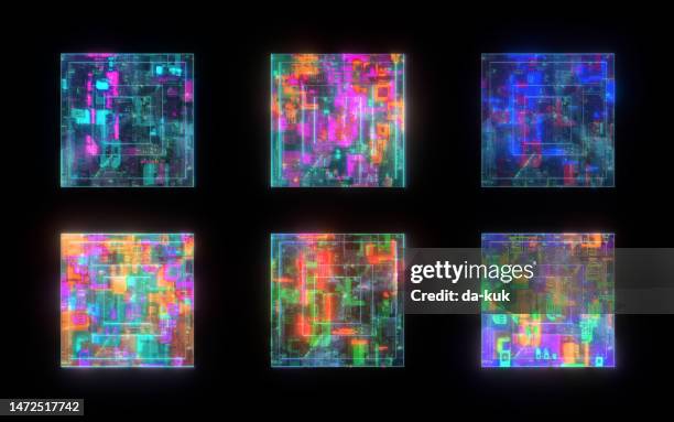 futuristic cpu design elements on black background. six items set - modern quantum mechanics stock pictures, royalty-free photos & images
