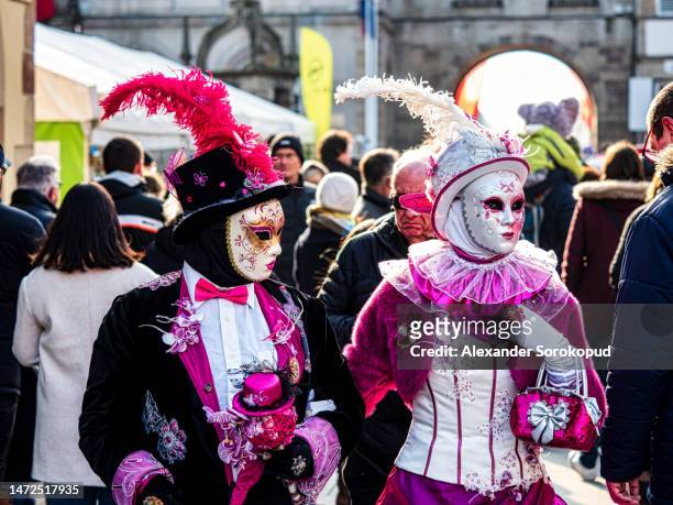 venetian carnival in rosheim, alsace, france - traditional italian dress stock pictures, royalty-free photos & images