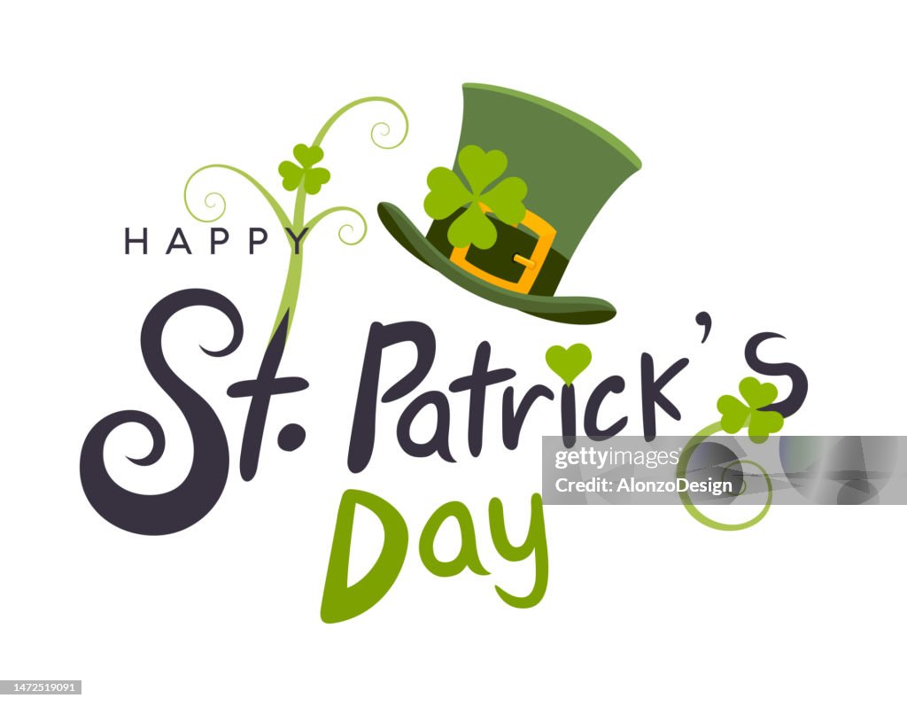 St. Patricks Day logotype. Vector lettering typography with leprechaun and clovers on white background. Logo Character Mascot.