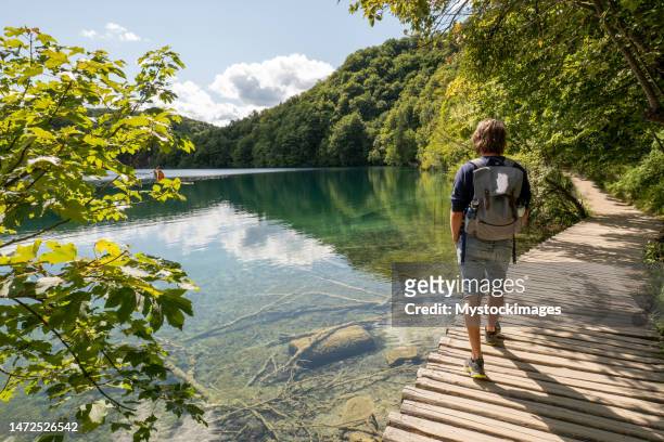 young man contemplates lakes in croatia - plitvice lakes national park stock pictures, royalty-free photos & images