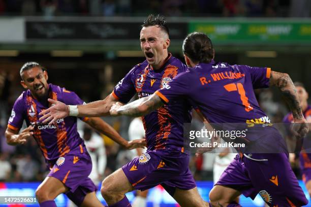 Aaron McEneff of the Glory celebrates a goal during the round 20 A-League Men's match between Perth Glory and Western Sydney Wanderers at HBF Park,...