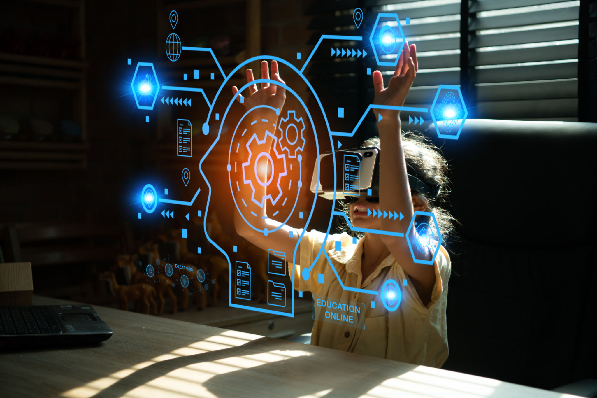 Youngsters with limitless learning opportunities who can study from anywhere in the world using online learning tools such as VR machines Youngsters with limitless learning opportunities who can study from anywhere in the world using online learning tools such as VR machines