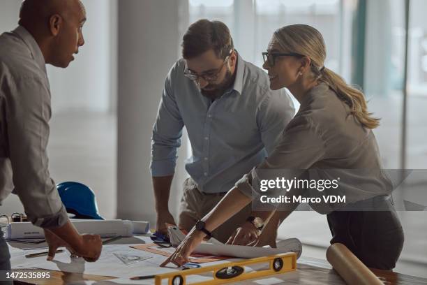 business people, architect and blueprint in team planning for building or construction preparation at office. group of engineers in meeting, architecture or project floor plan for industrial strategy - drawing artistic product 個照片及圖片檔