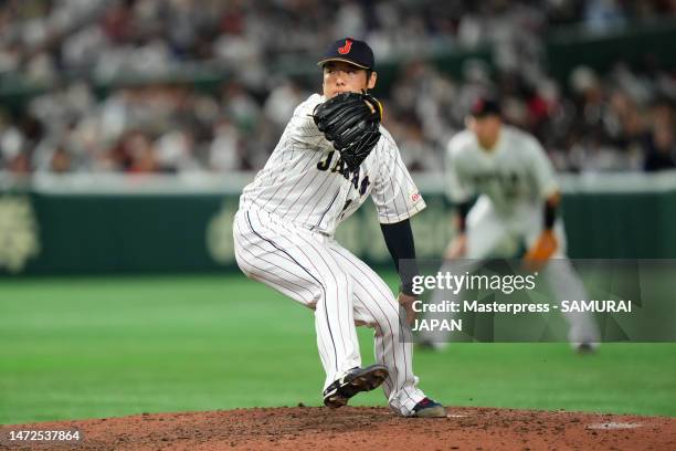 Yuki Matsui of Japan throws in the eighth inning during the World Baseball Classic Pool B game between Korea and Japan at Tokyo Dome on March 10,...