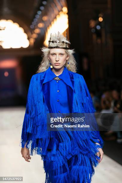 Model showcases designs by Anna Cordell during the Suit Up Runway at Melbourne Fashion Festival on March 10, 2023 in Melbourne, Australia.
