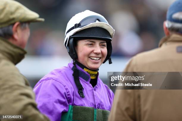 Jockey Bryony Frost makes final adjustments ahead of the first race in the Virgin Bet Price Boiosts National Hunt Maiden Hurdle Race at Exeter...