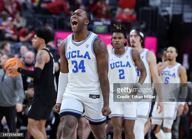 David Singleton of the UCLA Bruins celebrates after a quarterfinal game of the Pac-12 basketball tournament against the Colorado Buffaloes at...