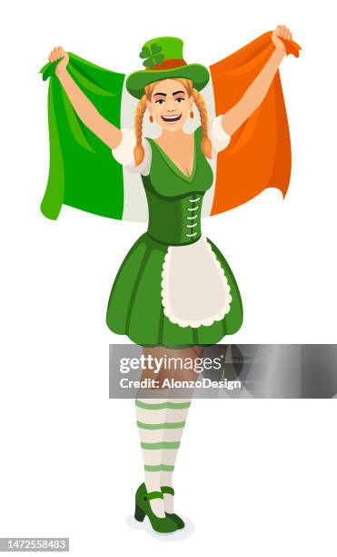 st. patrick's girl shows flag of ireland. love ireland concept. - ginger glasses stock illustrations