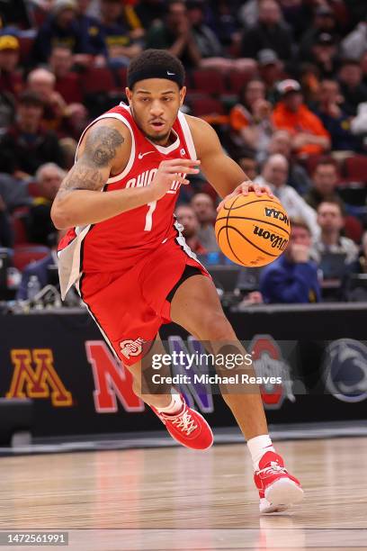 Roddy Gayle Jr. #1 of the Ohio State Buckeyes dribbles against the Iowa Hawkeyes during the second round of the Big Ten Tournament at United Center...