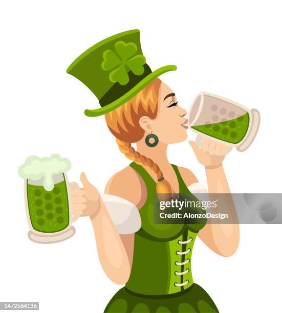 st. patrick's girl with beer mug. - woman bartender stock illustrations