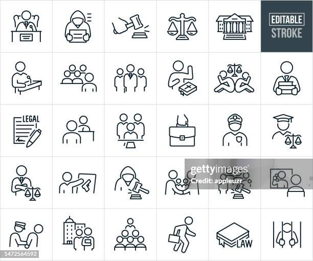 stockillustraties, clipart, cartoons en iconen met law, lawyers, court and justice thin line icons - editable stroke - rechtszaak