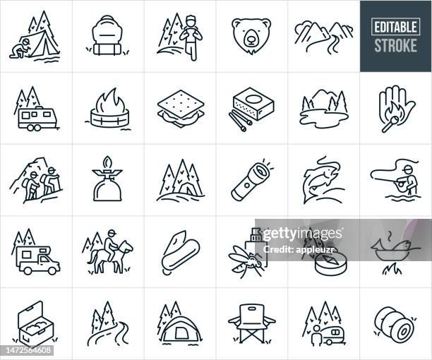 ilustraciones, imágenes clip art, dibujos animados e iconos de stock de camping, pesca y recreación al aire libre iconos de línea delgada - trazo editable - nevera de playa