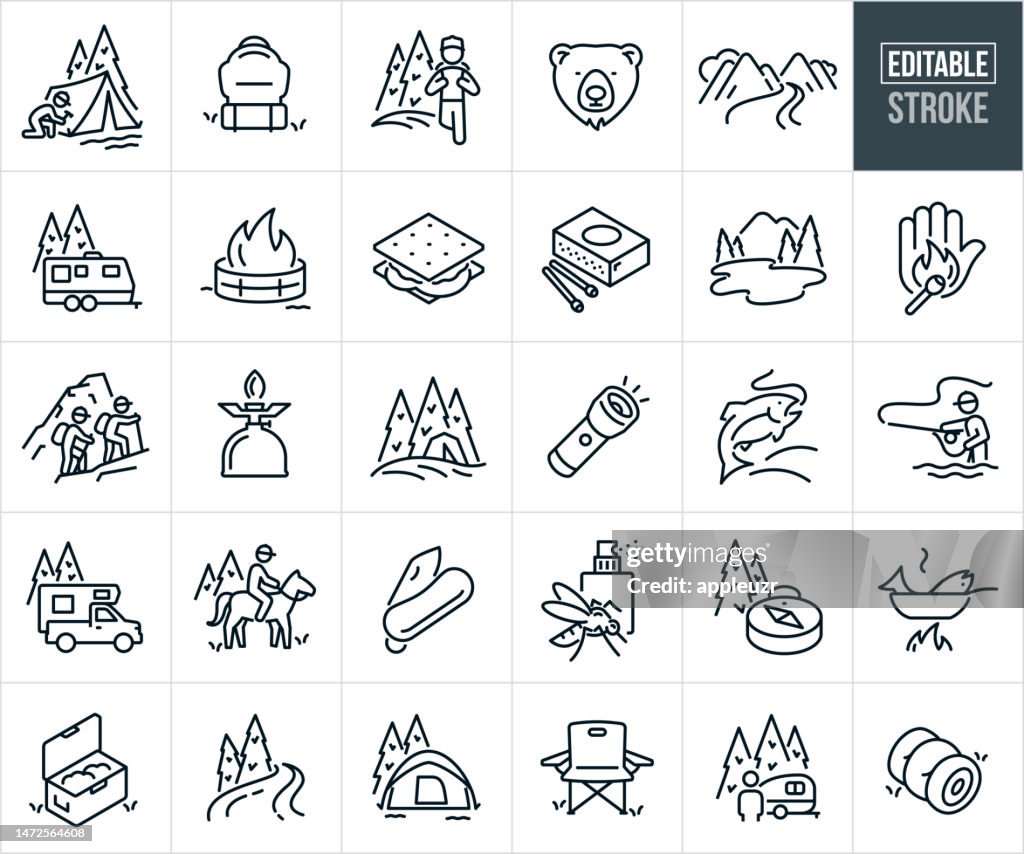 Camping, Fishing And Outdoor Recreation Thin Line Icons - Editable Stroke