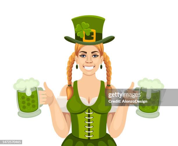 st. patrick's girl with beer mugs. - ginger glasses stock illustrations