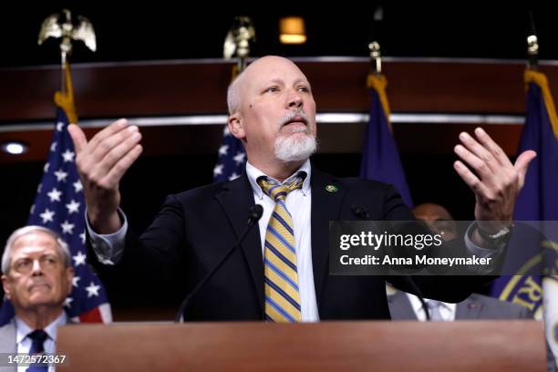 Rep. Chip Roy speaks during a news conference with the House Freedom Caucus on the debt limit negotiations at the U.S. Capitol Building on March 10,...