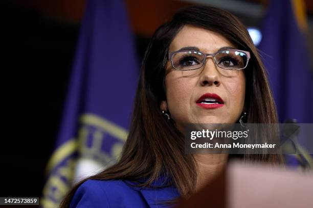 Rep. Lauren Boebert speaks during a news conference with the House Freedom Caucus on the debt limit negotiations at the U.S. Capitol Building on...