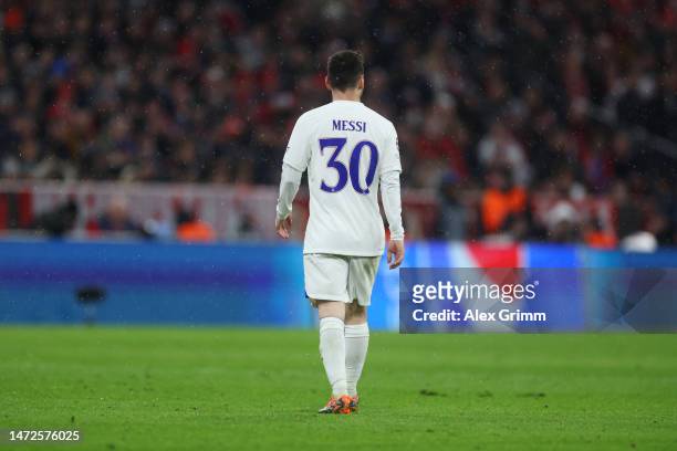 Lionel Messi of Paris Saint-Germain reacts during the UEFA Champions League round of 16 leg two match between FC Bayern München and Paris...