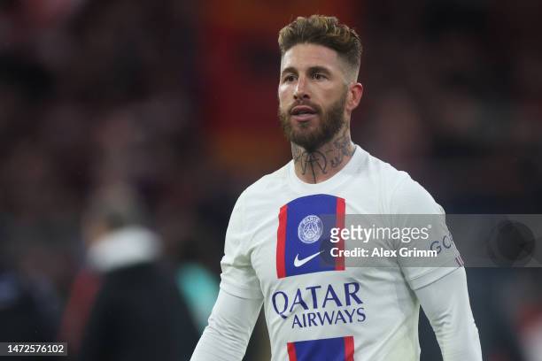Sergio Ramos of Paris Saint-Germain reacts during the UEFA Champions League round of 16 leg two match between FC Bayern München and Paris...
