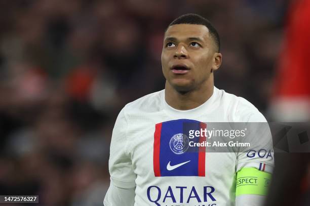 Kylian Mbappe of Paris Saint-Germain reacts during the UEFA Champions League round of 16 leg two match between FC Bayern München and Paris...