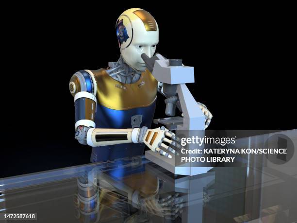 humanoid robot using a microscope, illustration - robotics lab stock illustrations