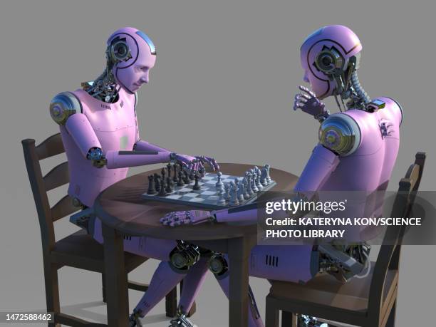 robots playing chess, illustration - chess robot stock-grafiken, -clipart, -cartoons und -symbole