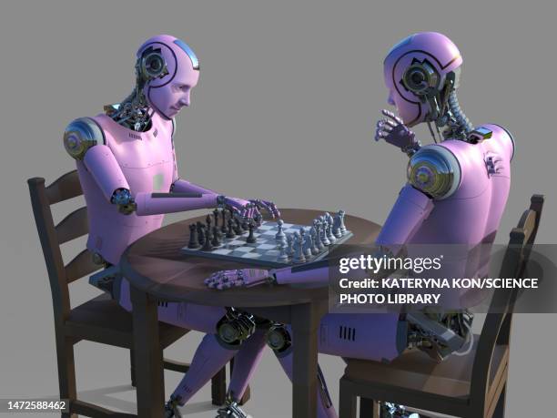 robots playing chess, illustration - robot arm stock illustrations