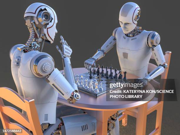 robots playing chess, illustration - futuristic train stock illustrations