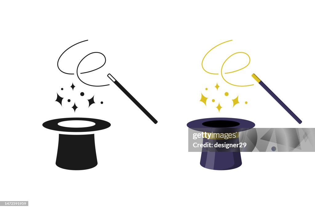 Magic Wand and Hat Icon Vector Design on White Background.