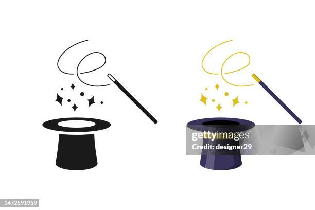 magic wand and hat icon vector design on white background. - magic wand stock illustrations