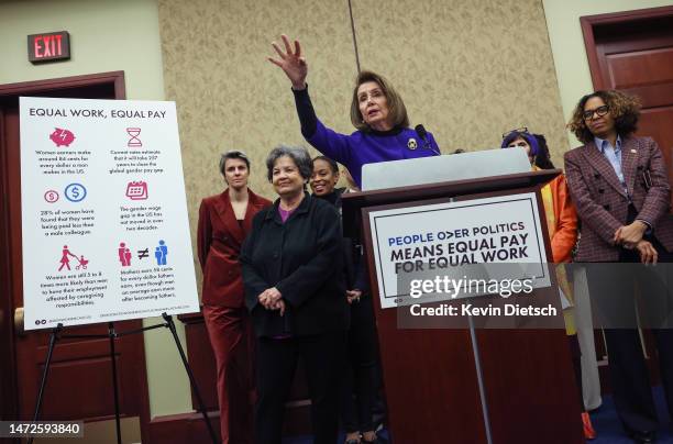 Rep. Nancy Pelosi delivers remarks at a press conference on equal pay at the U.S. Capitol on March 10, 2023 in Washington, DC. House Democrats held...