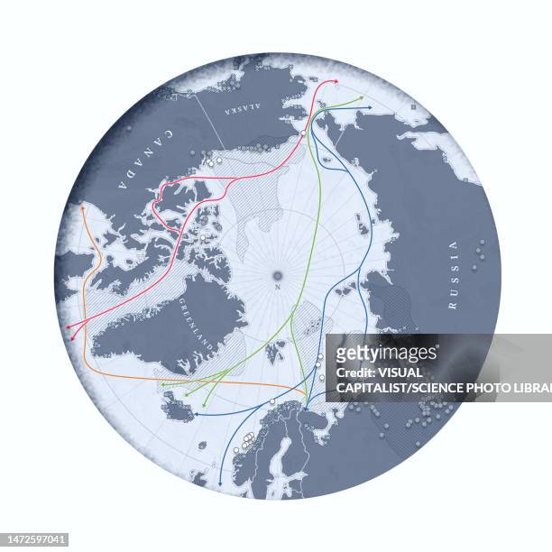 arctic trade routes and resources, map - arctic oil stock-fotos und bilder