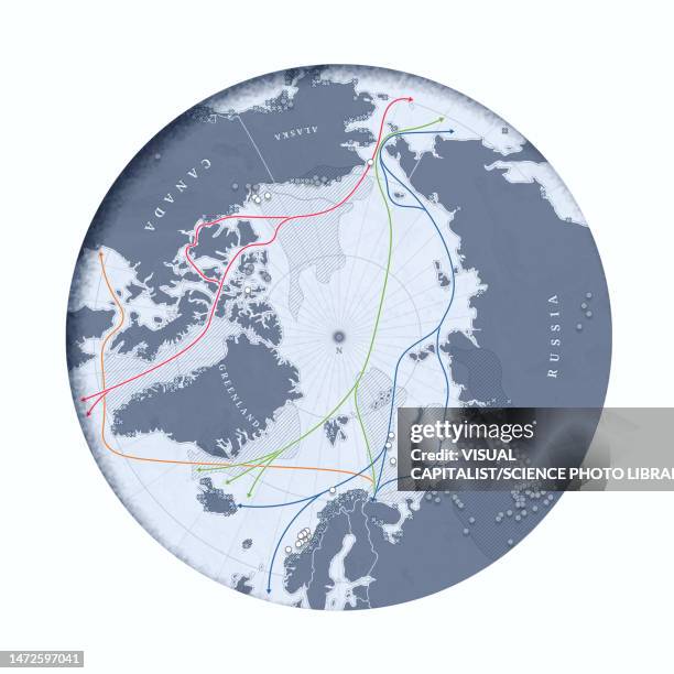 arctic trade routes and resources, map - arctic oil stock pictures, royalty-free photos & images