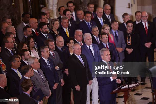 Speaker of the House Kevin McCarthy speaks at a bill signing ceremony for H.J. Res. 26 at the U.S. Capitol Building on March 10, 2023 in Washington,...