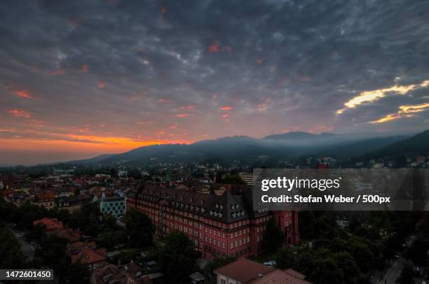 high angle view of townscape against sky at sunset,freiburg im breisgau,germany - freiburg skyline stock pictures, royalty-free photos & images