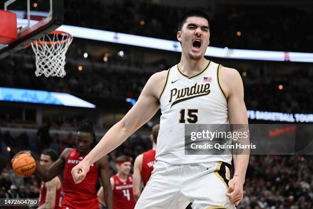 Zach Edey of the Purdue Boilermakers reacts after scoring against the Rutgers Scarlet Knights during the first half in the quarterfinals of the Big...