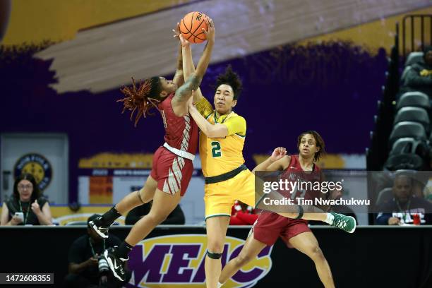 Tippy Robertson of the North Carolina Central Eagles and Niya Fields of the Norfolk State Spartans challenge for the ball during the first half...