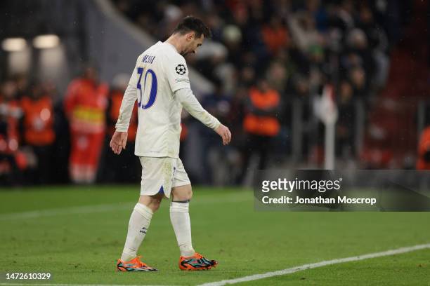 Lionel Messi of PSG reacts dejectedly during the UEFA Champions League round of 16 leg two match between FC Bayern München and Paris Saint-Germain at...