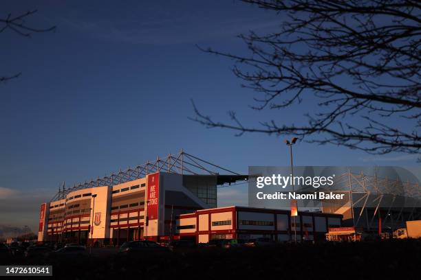 General view outside the stadium prior to the Sky Bet Championship between Stoke City and Blackburn Rovers at Bet365 Stadium on March 10, 2023 in...