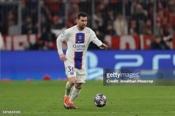 Lionel Messi of PSG in action during the UEFA Champions League round of 16 leg two match between FC Bayern München and Paris Saint-Germain at Allianz...