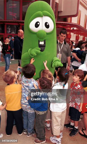 Veggie Tales character 'Larry the Cucumber' welcomes children while visiting the Irvine Spectrum, March 24, 2001 in Irvine, California.