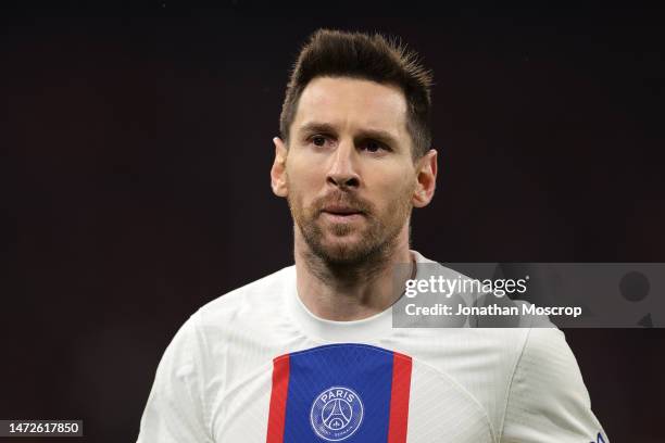 Lionel Messi of PSG looks on during the UEFA Champions League round of 16 leg two match between FC Bayern München and Paris Saint-Germain at Allianz...