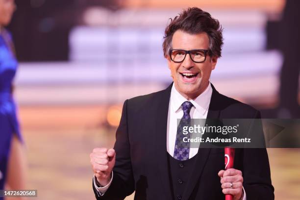 Host Daniel Hartwich is seen on stage during the third "Let's Dance" show at MMC Studios on March 10, 2023 in Cologne, Germany.