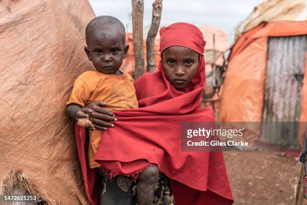 Displaced Somali children at the Baidoa IDP settlement on October 24,2022 in Baidoa, Somalia. According to UNHCR, there are over 450,000 internally...