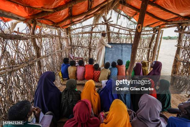 At a makeshift primary school in Buula Qalooc village on October 16,2022 near Doolow, Somalia. The school was built by village elders in five days to...