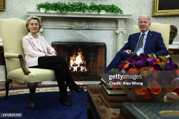 President Joe Biden meets with President of European Commission Ursula von der Leyen during a bilateral meeting in the Oval Office of the White House...