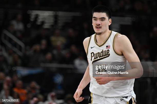 Zach Edey of the Purdue Boilermakers reacts after scoring against the Rutgers Scarlet Knights during the second half in the quarterfinals of the Big...