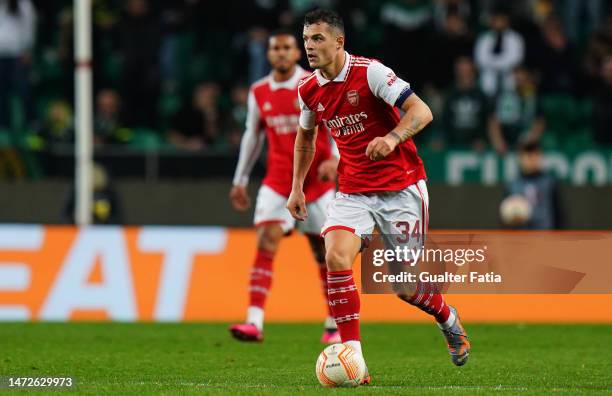 Granit Xhaka of Arsenal FC in action during the Round of 16 Leg One - UEFA Europa League match between Sporting CP and Arsenal FC at Estadio Jose...