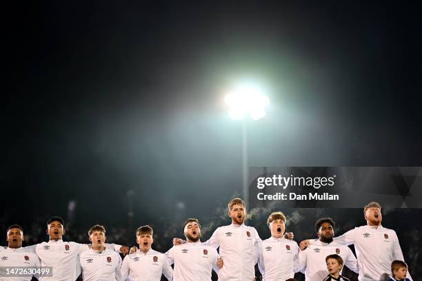 The England players sing the national anthem prior to the U20 Six Nations Rugby match between England and France at Recreation Ground on March 10,...